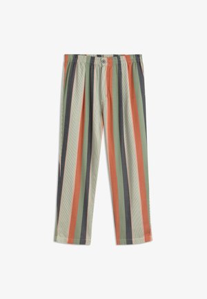 Hlače s elastičnim strukom s vertikalnim prugama u zelenoj, narančastoj, krem i tamnosivoj boji, s gumbom i patentnim zatvaračem.