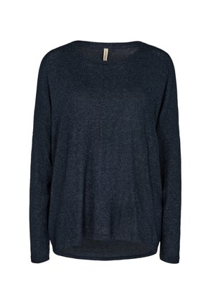 Long-sleeve navy blue shirt in a soft, textured fabric. Features a round neckline and a relaxed, slightly curved hem.