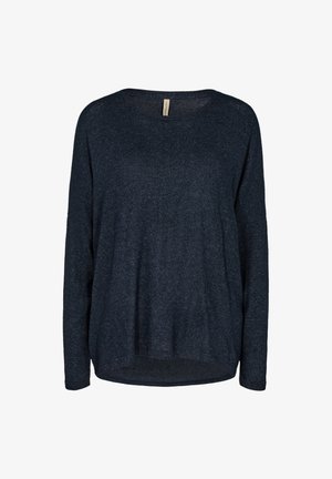 Horizonová košeľa s dlhým rukávom v námořníckej modrej farbe, vyrobená z jemnej, textúrovanej látky. Má okrúhly výstrih a uvoľnený, mierne zakrivený lem.