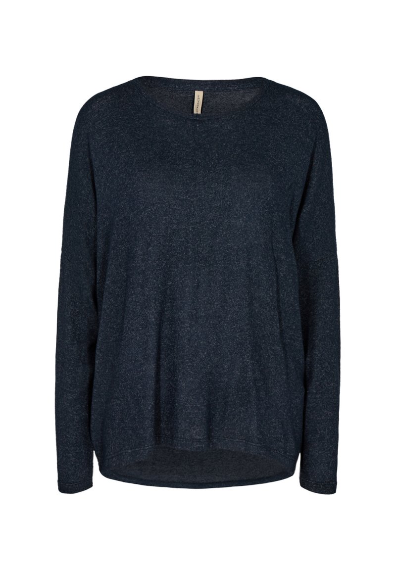 Long-sleeve navy blue shirt in a soft, textured fabric. Features a round neckline and a relaxed, slightly curved hem.