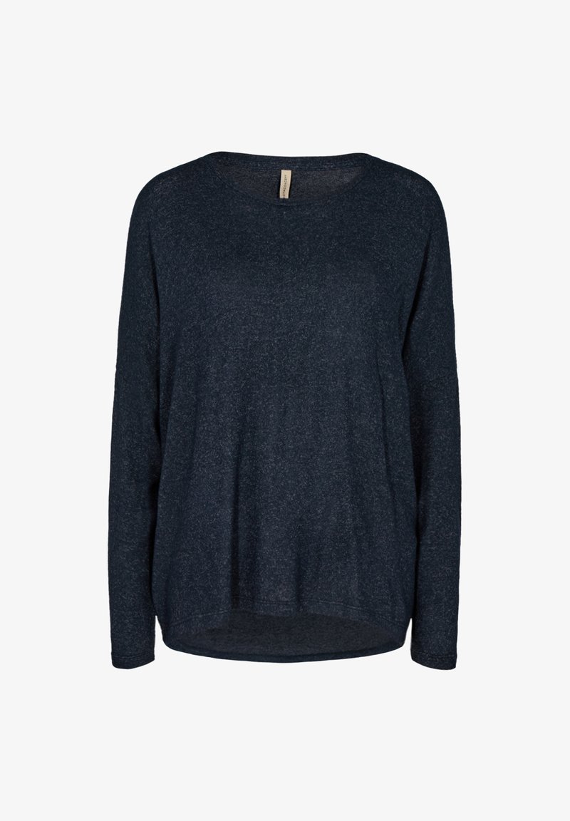 Long-sleeve navy blue shirt in a soft, textured fabric. Features a round neckline and a relaxed, slightly curved hem.