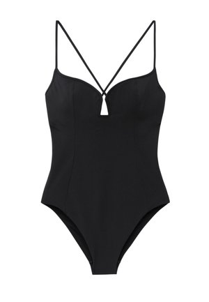 Schwarzer Einteiler-Badeanzug mit dünnen, doppelt verlaufenden Schulterriemen, die sich am Rücken kreuzen, und einem kleinen V-förmigen Ausschnitt unter dem Halsausschnitt.
