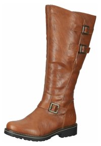 Botte en cuir marron, montante jusqu'au genou, avec un bout rond, deux boucles de réglage sur le côté, finition texturée et semelle robuste pour un bon grip.