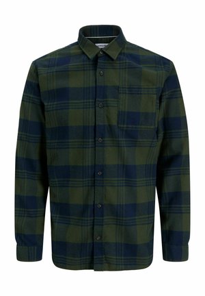 Pitkähihainen nappipaita, jossa on vihreä ja tummansininen suuri ruutukuosi sekä rintatasku, esillä valkoisella taustalla.