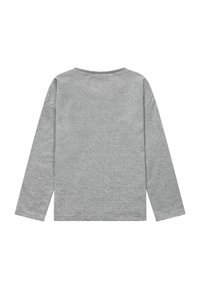 Ein einfarbig graues Langarmshirt mit Rundhalsausschnitt und geradem Saum, von hinten auf einem weißen Hintergrund gezeigt.