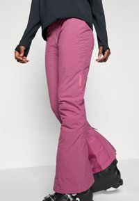 Dames skibroek in roze stof met een gladde textuur. Bevat een logo op de bovenbeen en ritsen bij de enkels voor aanpassing.