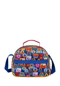 Bolsa de almuerzo aislante hecha de tela azul, con parches coloridos que presentan varios diseños. Forma redondeada, asa roja y correa para el hombro.