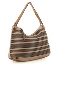 Borsa in pelle marrone e beige con strisce orizzontali cucite, una sola tracolla e un tirante della cerniera.