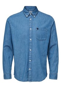 Dlouhá modrá džínová košile na knoflíky s n�áprsní kapsou, límcem na knoflíky a bílými knoflíky vpředu a na manžetách.