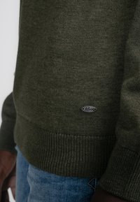 Maglione verde realizzato in tessuto a maglia testurizzato, con orlo e polsini a costine. Un piccolo logo ovale nero è visibile nella parte anteriore.