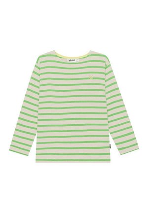 Langarmshirt mit weißen und hellgrünen horizontalen Streifen, Rundhalsausschnitt und kleinem Peace-Zeichen-Emblem auf der linken Brust.