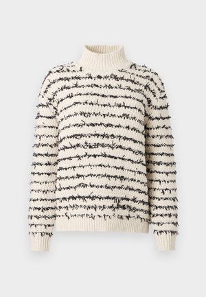 Camisola de malha creme com riscas horizontais pretas texturizadas e gola alta, punhos e bainha canelados.