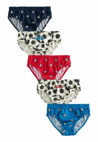 Multi-confezione di slip per ragazzi in blu, rosso, blu scuro e bianco con stampe di palloni da calcio neri. Alcuni presentano la parola "GOAL!" in blu o rosso.