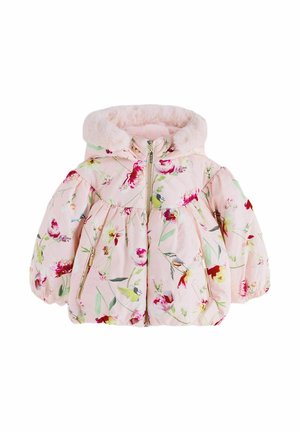 Lyserød puffjakke med blomster- og fugleprint, frontlynlås, lynlåslommer, elastiske manchetter og hætte foret med blød kunstig pels.