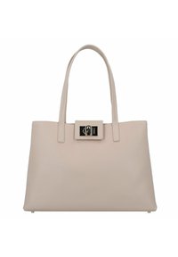 Bolso tote de cuero beige con dos asas, forma rectangular, acabado texturizado y detalle de cierre negro en la parte frontal.
