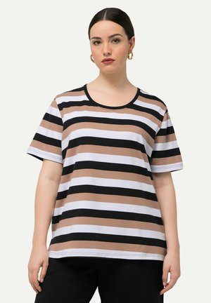 Gestreiftes T-Shirt mit horizontalen schwarzen, weißen und beigen Streifen. Kurze Ärmel, runder Ausschnitt, aus weichem Baumwollstoff.