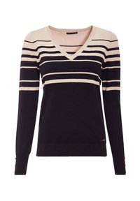 Schwarzer und beige gestreifter Pullover mit V-Ausschnitt, langen Ärmeln und Akzentknöpfen an den Bündchen. Weiches Strickgewebe mit strukturierter Oberfläche.