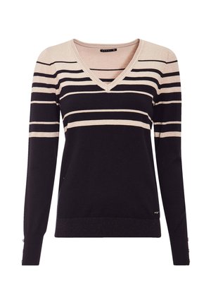 Zwart en beige gestreepte trui met een V-hals, lange mouwen en accentknopen op de manchetten. Zacht breiwerkstof met een gestructureerde afwerking.