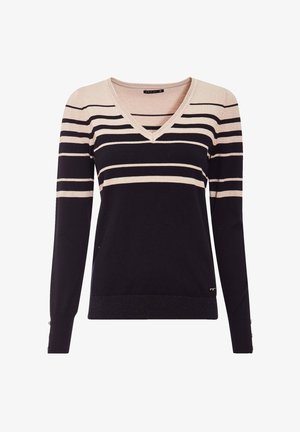 Pull noir et beige à rayures avec un col en V, des manches longues et des boutons en accent sur les poignets. Tissu en tricot doux avec une finition texturée.