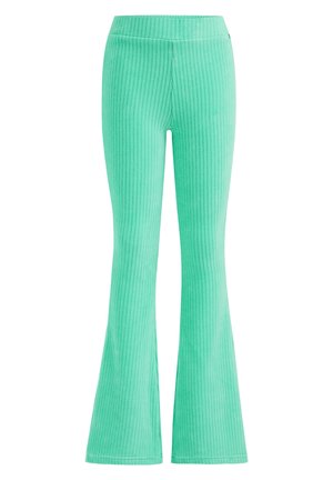 Pantalon en maille côtelée vert menthe avec taille ajustée et jambes larges évasées s'étendant du genou à la cheville.