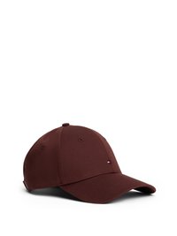 Cappellino da baseball bordeaux con visiera curva, realizzato in tessuto liscio. Presenta un piccolo logo multicolore sulla parte anteriore e fori di ventilazione.