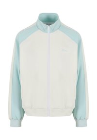 Lysfarget, zip-up jakke med høy krage. Har myke blå ermer og detaljer, ribbestrikkede mansjetter og to sidelommer.