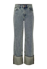 Jeans azules de talle alto con pierna recta, con dobladillos amplios y doblados, y diseño clásico de cinco bolsillos.