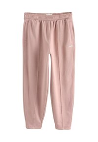 Lysrosa sweatpants lavet af blødt stof, med elastisk talje, sidelommer og et lille logo-tryk foran.
