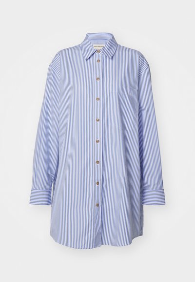 Blue and white striped shirt with long sleeves, button closure, collar, and pocket. Made of light fabric with crisp texture.