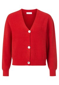 Czerwony kardigan z prążkowanego materiału, z dekoltem w serek, długimi rękawami i pięcioma białymi guzikami z przodu. Miękka dzianina o teksturowanym wykończeniu.