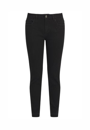 Svart denim skinnye bukser med middels høy midje, fem lommer og synlig knappelukking. Glatt tekstur og tettsittende design.
