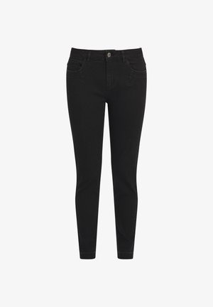 Jeans skinny in denim nero con vita a mezza altezza, cinque tasche e chiusura con bottone visibile. Texture liscia e design aderente.
