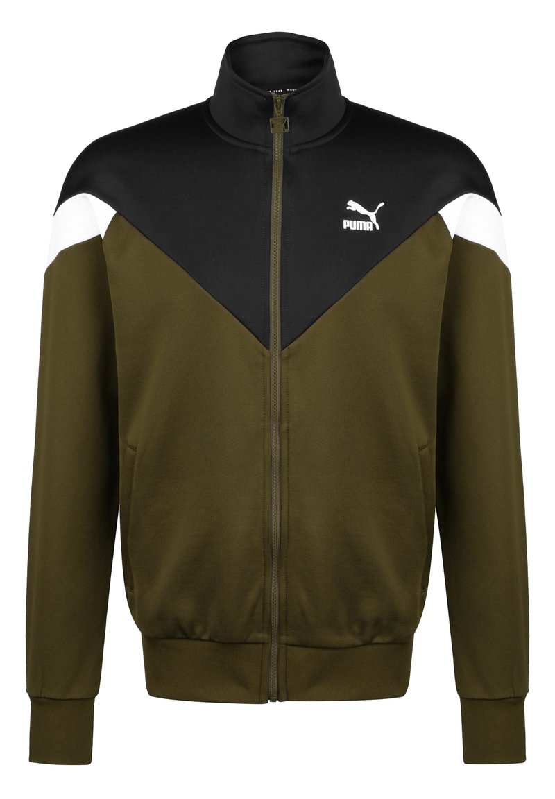 Puma zip-up jacket featuring a black upper section with olive green lower, white accents on shoulders, and a stand collar. Soft fabric texture.