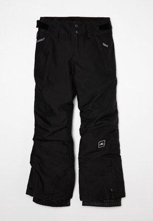 Pantaloni da neve neri isolati con linguette regolabili in vita, tasche frontali, ginocchia rinforzate e polsini elastici con chiusure a scatto.