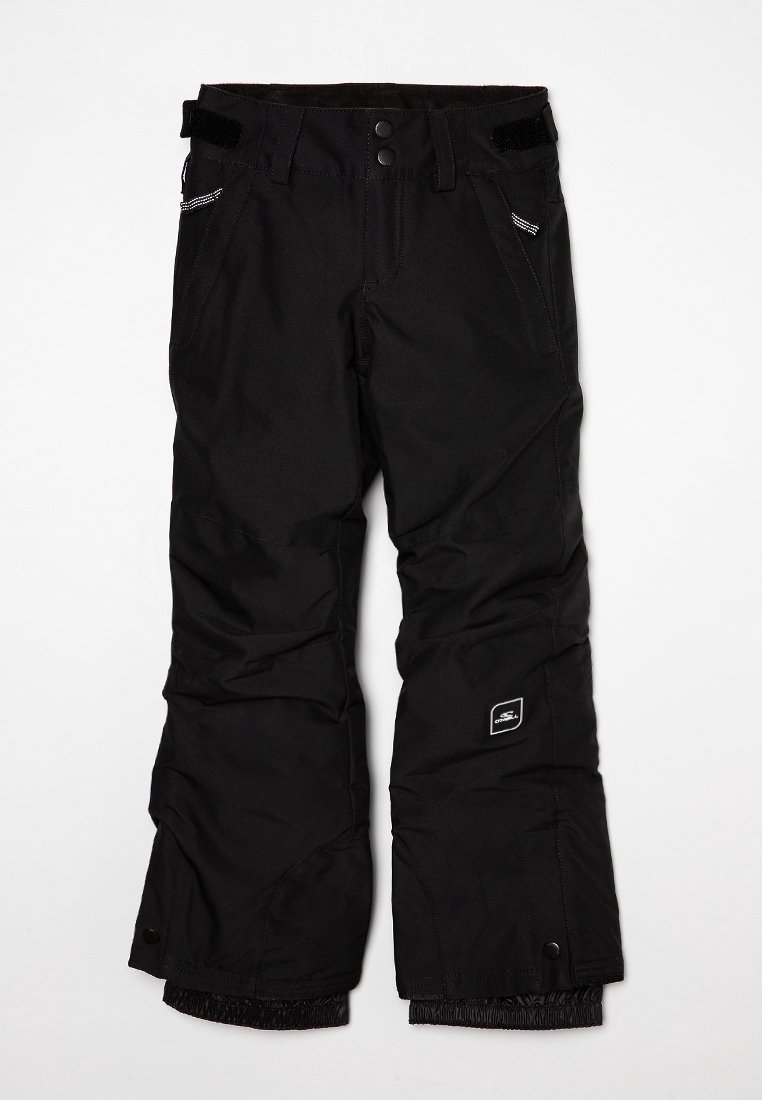 Pantalon de neige noir isolé avec des pattes de réglage à la taille, des poches avant, des genoux renforcés et des poignets élastiques avec fermetures à pression.