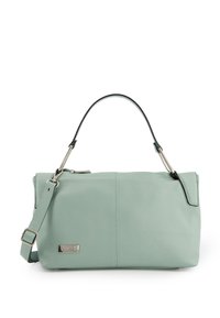 Mintgroene leren handtas met een gladde textuur, voorzien van een afneembare schouderriem en slanke zilveren hardware. Verstelbare bovenhandgreep.