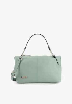 Mintgrøn læderhåndtaske med en glat tekstur, der har en aftagelig skulderrem og slankt sølvhardware. Justerbart hanke.