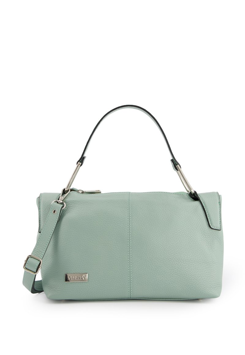 Mintgroene leren handtas met een gladde textuur, voorzien van een afneembare schouderriem en slanke zilveren hardware. Verstelbare bovenhandgreep.