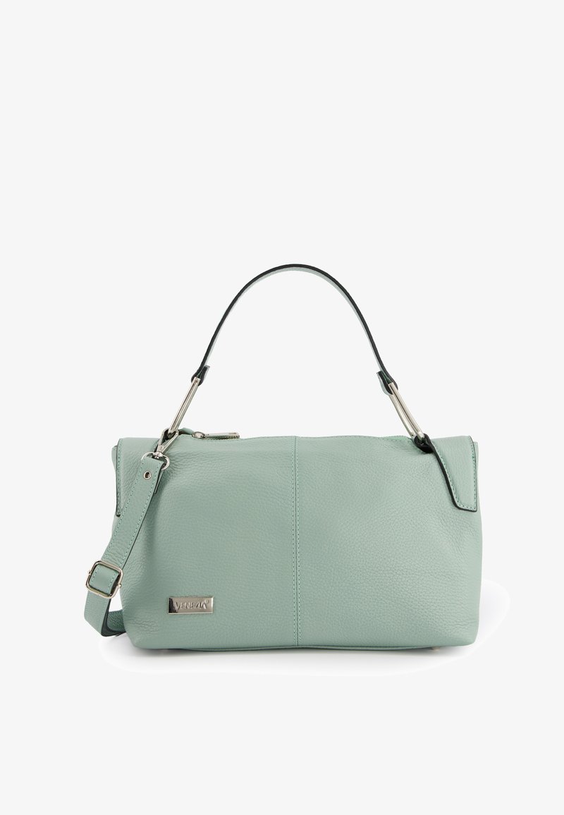 Mintgrøn læderhåndtaske med en glat tekstur, der har en aftagelig skulderrem og slankt sølvhardware. Justerbart hanke.
