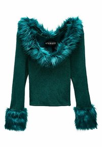 Tyrkysový top s dlouhým rukávem a třpytivou texturou, s umělou kožešinou na límci a rukávech. Design má upevněný siluet. Značka: UTERQÜE.