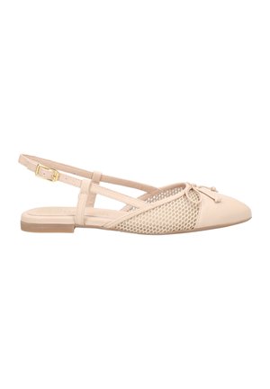 Mocassini slingback in pelle beige con un pannello in rete e un fiocco decorativo. Suola piatta e chiusura con fibbia alla caviglia.