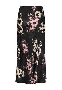 Jupe noire à motif floral avec une texture soyeuse, ornée de grandes fleurs roses et crème, au design évasé et avec une taille lisse.