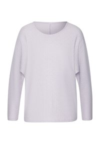 Hellpurpurfarbenes, langärmeliges Strickpullover mit rundem Halsausschnitt und subtiler vertikaler Rippenstruktur, auf einem weißen Hintergrund präsentiert.