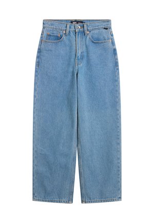 Lichtblauwe denim wijde pijpen jeans met knopen aan de voorkant, rits, lussen voor een riem en een ontwerp met vijf zakken, met een Vans merklabel op de tailleband.