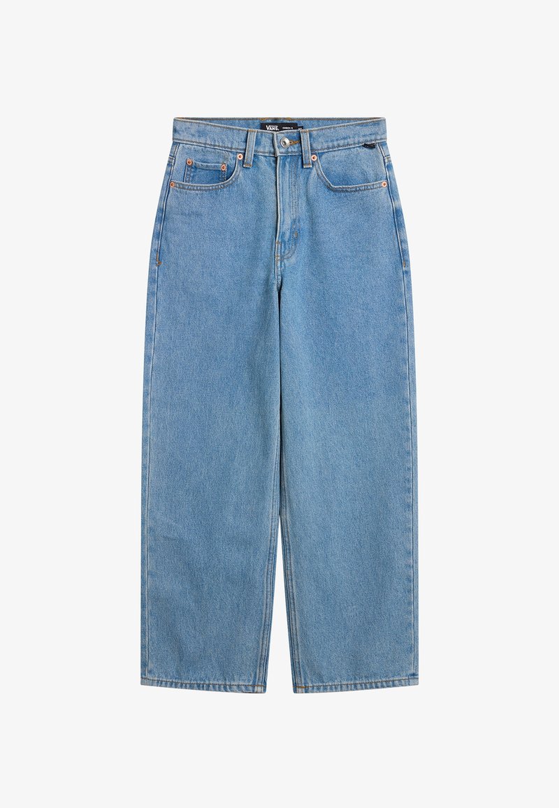 Jean large en denim bleu clair avec bouton à l'avant, fermeture éclair, passants de ceinture et design à cinq poches, étiquette Vans de marque sur la ceinture.