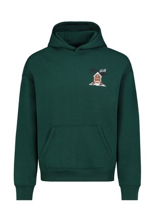 Green cotton hoodie featuring a front pocket, ribbed cuffs, and hem, with a printed graphic design on the chest.