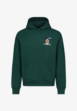 Green cotton hoodie featuring a front pocket, ribbed cuffs, and hem, with a printed graphic design on the chest.