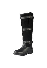Botas negras altas que combinan ante texturizado y cuero liso, con hebillas en la parte superior y en el tobillo para un ajuste ajustable.