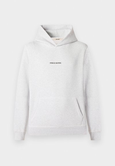 Sweat-shirt à capuche gris en tissu doux, avec poche avant et texte de logo noir sur la poitrine. Coupe standard avec poignets côtelés.