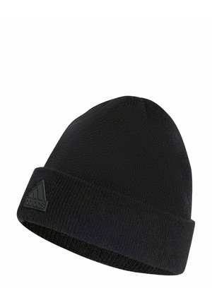 Zwarte gebreide beanie met een omgeslagen rand. Kenmerkt zich door een gedetailleerde stof en een zwarte reliëf Adidas-logo op de rand.